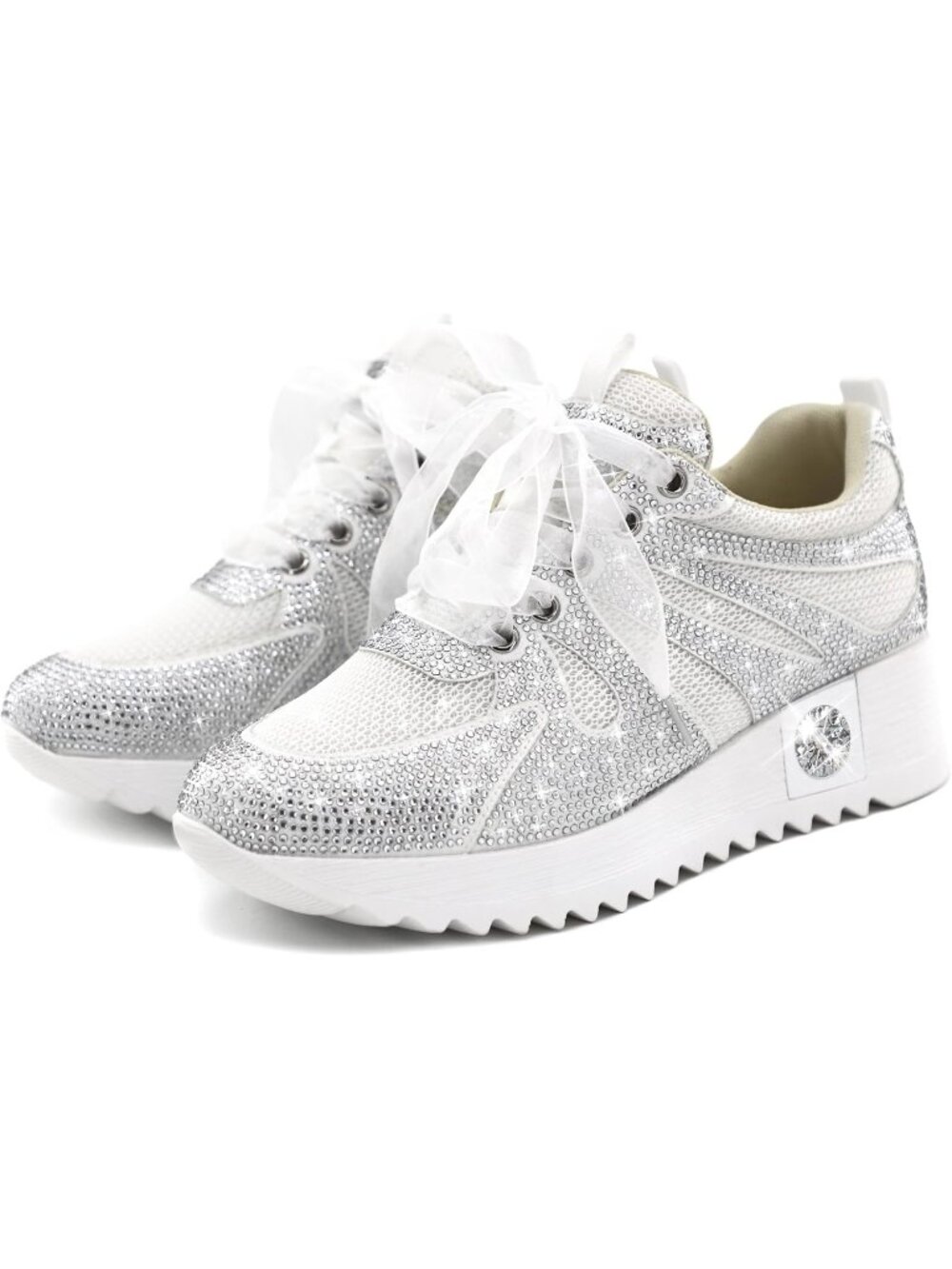 Women's White With Mesh Glitter Sparkly Rhinestone High Top Trendy Sneakers - Picture 4 of 6